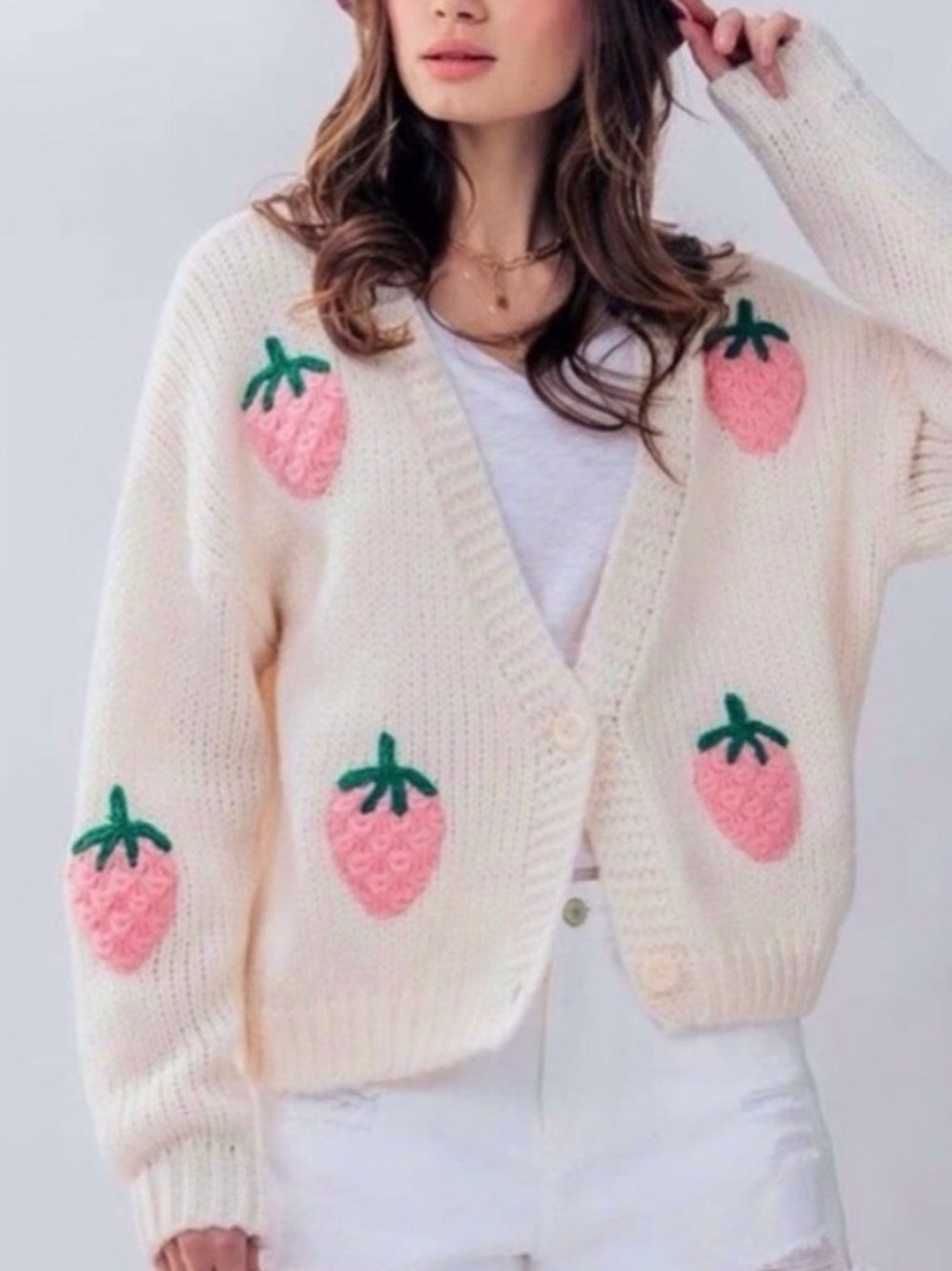 NWT Luna Ivy Chunky Green W/ Pink Strawberries Button Up Cardigan NWT Size S